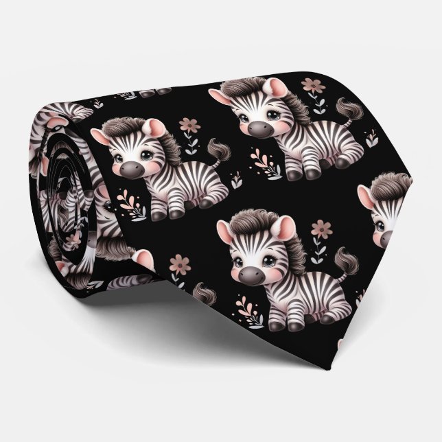 Black and White Modern Kawaii Cute Zebras Neck Tie (Rolled)