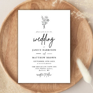 Black and White Modern Minimal Botanicals Wedding Invitation