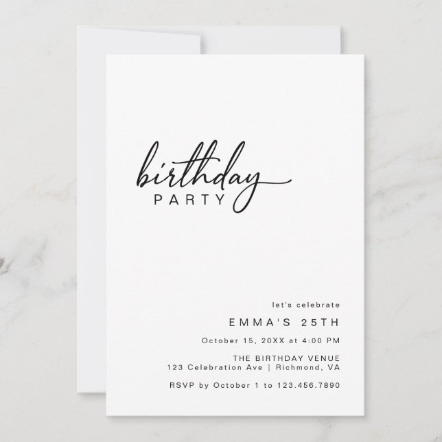 Black and White Modern Minimal Typography Birthday Invitation (Front)