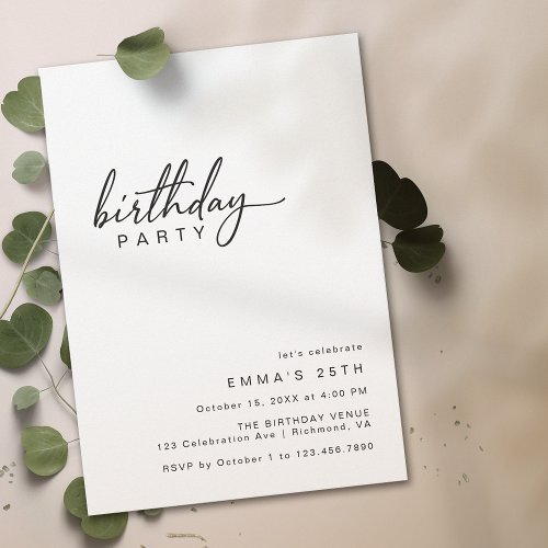 Black and White Modern Minimal Typography Birthday Invitation