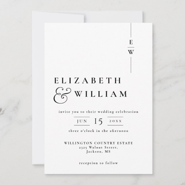 Black And White Modern Minimalist Monogram Wedding Invitation (Front)