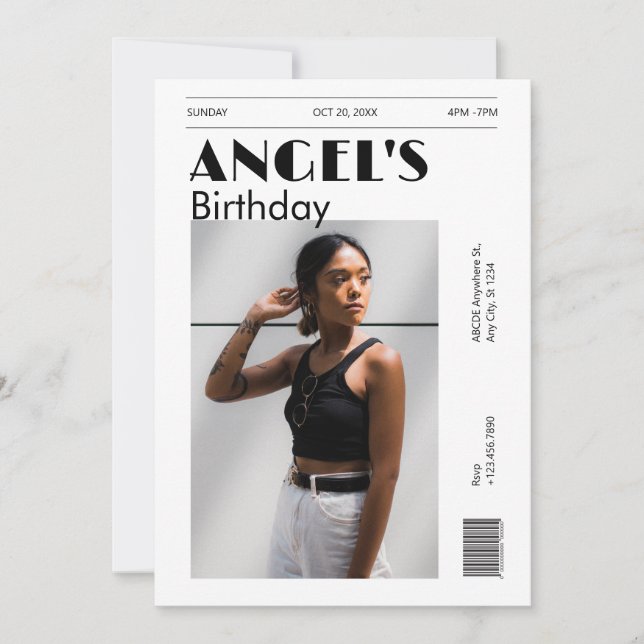 Black and white modern minimalist photo birthday  invitation (Front)