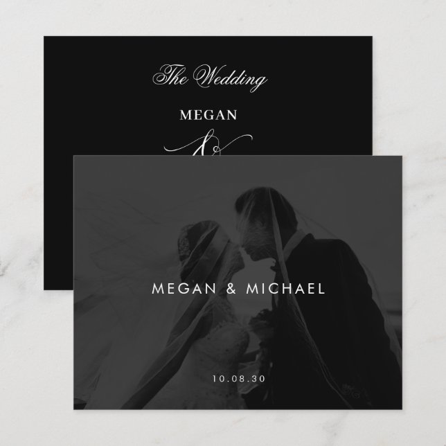 Black and white modern minimalist photo wedding invitation (Front/Back)