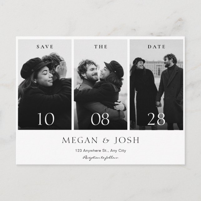Black and white modern minimalist wedding photo  announcement postcard (Front)