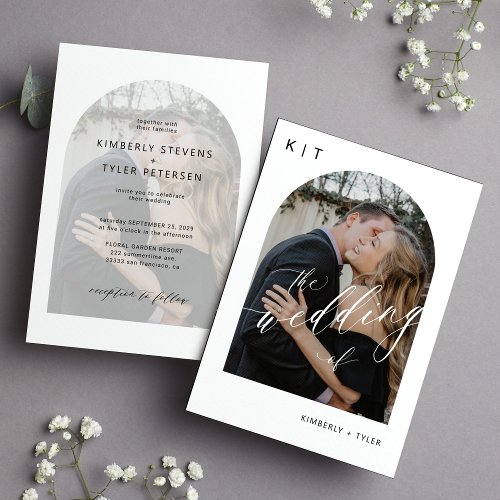 Black and white modern monogram arch photo wedding invitation