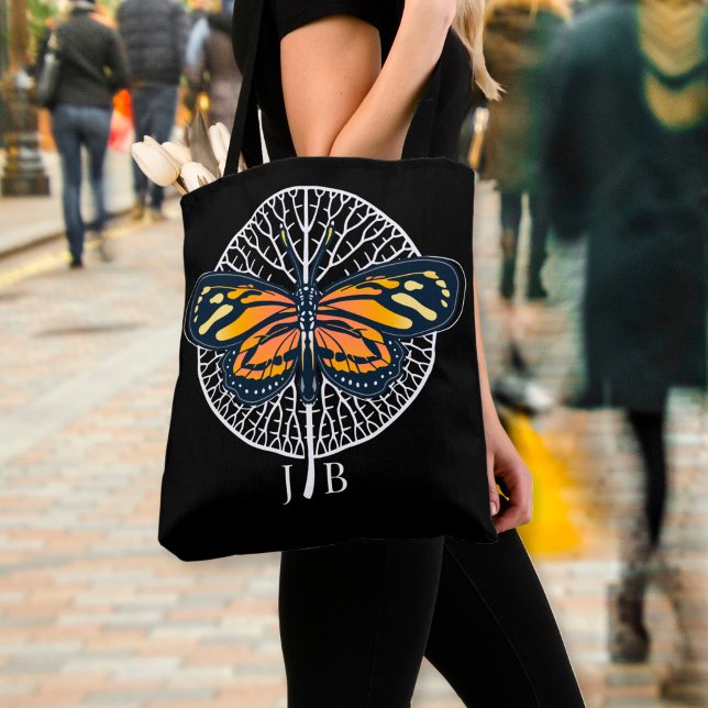 Black and White Modern Monogram Butterfly Tote Bag (Creator Uploaded)
