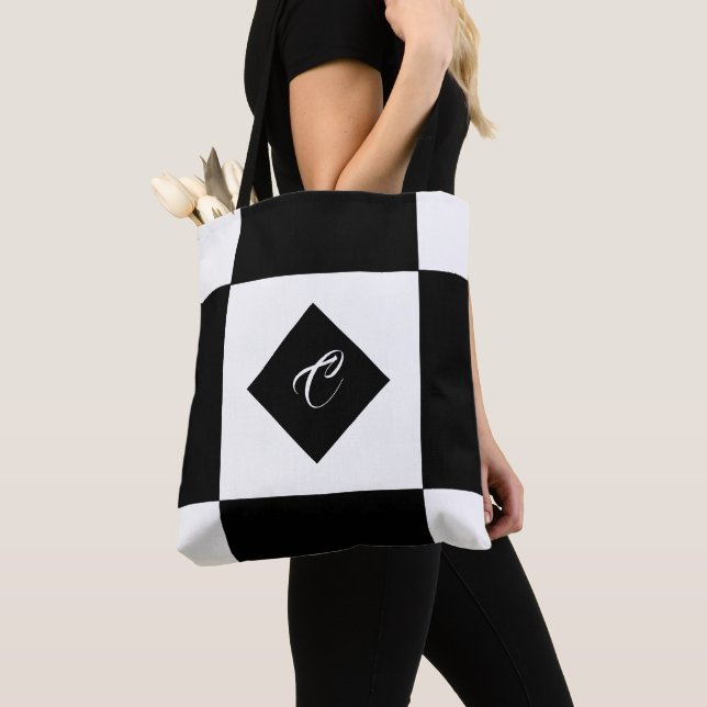 Black and White Modern Monogram Checkered Tote Bag (Close Up)