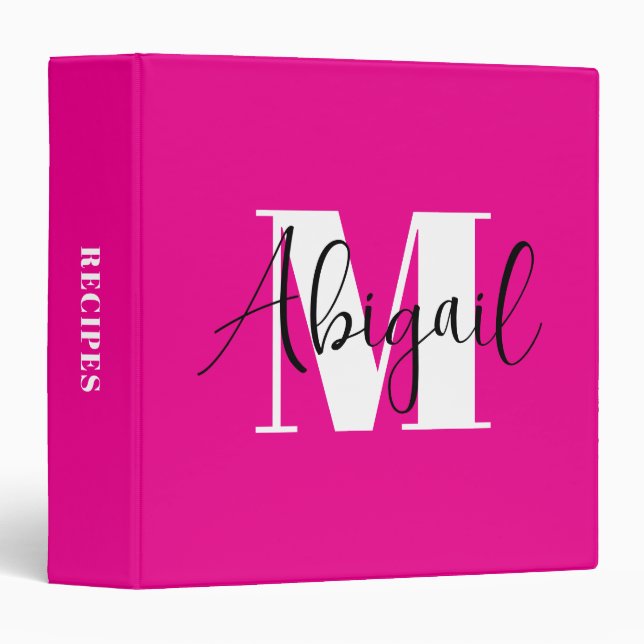 Black and White Modern Monogram Hot Pink Recipe 3 Ring Binder (Front/Spine)