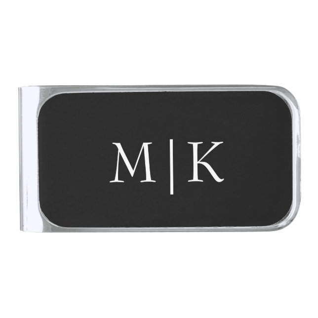 Black and White | Modern Monogram Silver Finish Money Clip (Front)