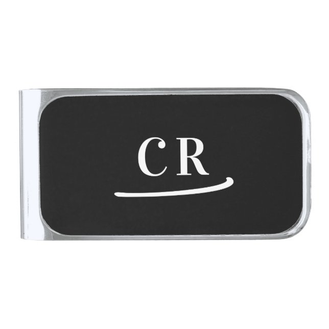 Black and White Modern Monogram Silver Finish Money Clip (Front)