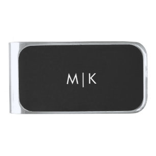 Black and White Modern Monogram Silver Finish Money Clip