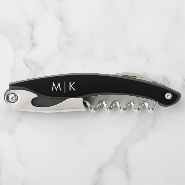 Black and White | Modern Monogram Waiter's Corkscrew (Front)