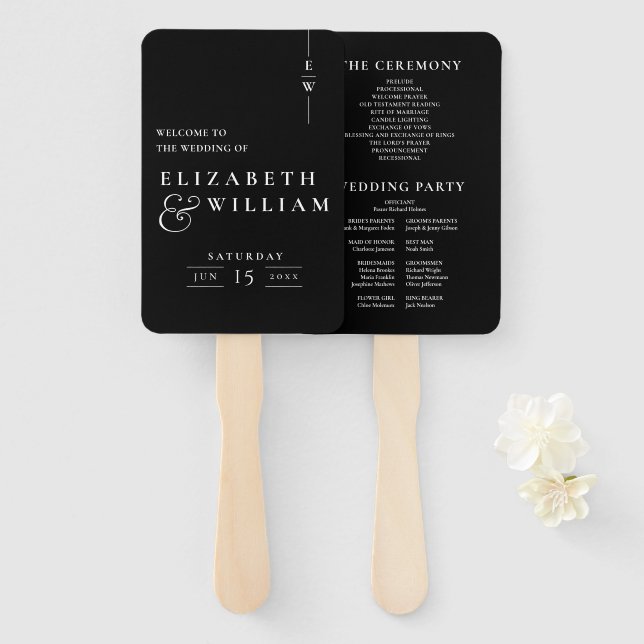 Black And White Modern Monogram Wedding Program Hand Fan (Front and Back)