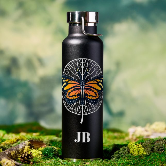 Black and White Modern Monogram with Butterfly Water Bottle (Creator Uploaded)