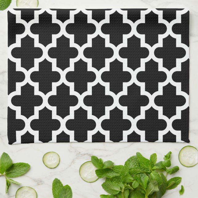 Black and White Modern Moroccan Pattern Kitchen Towel (Folded)