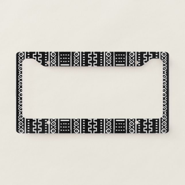 Black And White Modern Mudcloth Paper Plate License Plate Frame (Front)