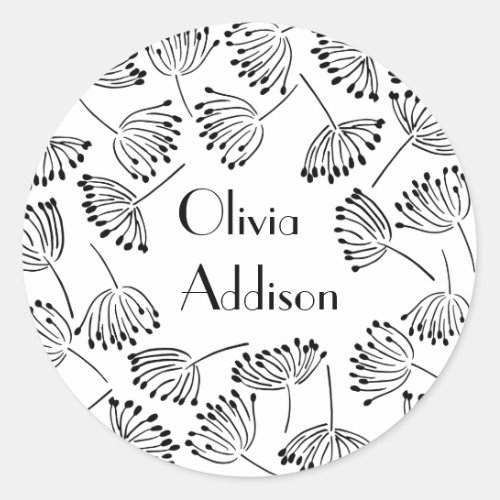 Black and White Modern Name Floral Dandelion  Classic Round Sticker