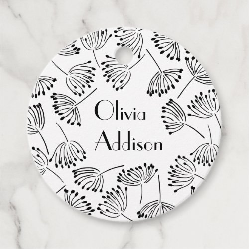 Black and White Modern Name Floral Dandelion  Favor Tags