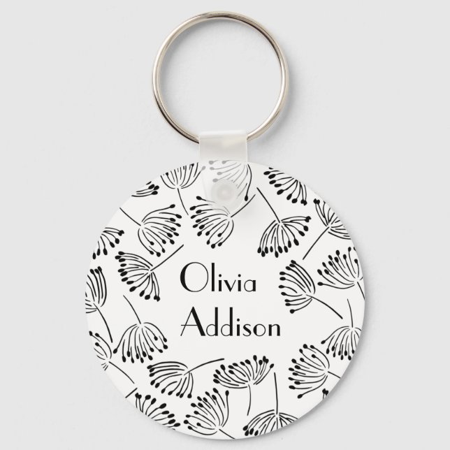 Black and White Modern Name Floral Dandelion Keychain (Front)