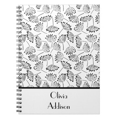 Black and White Modern Name Floral Dandelion Notebook