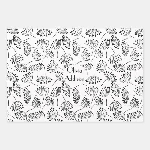 Black and White Modern Name Floral Dandelion  Wrapping Paper Sheets