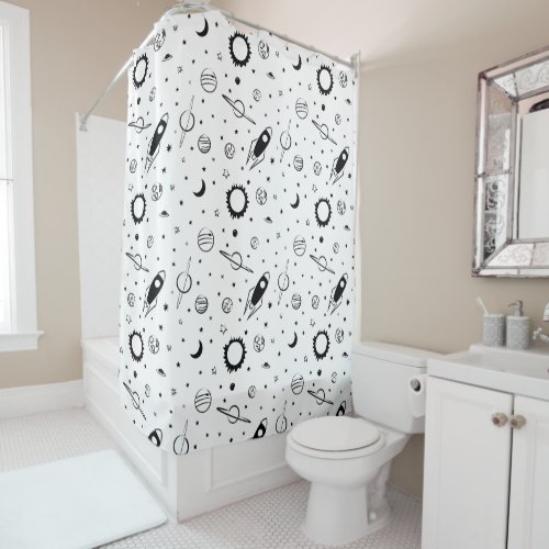 Black and white modern Outer Space Planets Shower Curtain