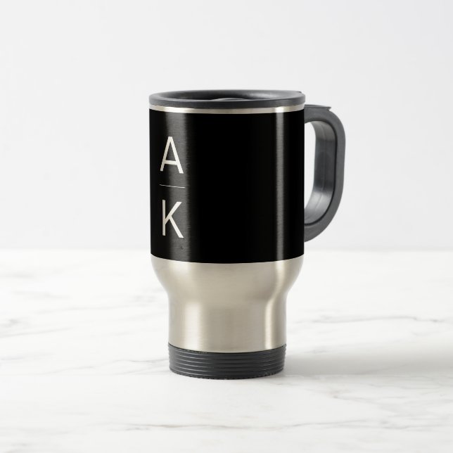 Black and white modern personalized monogram travel mug (Front Right)