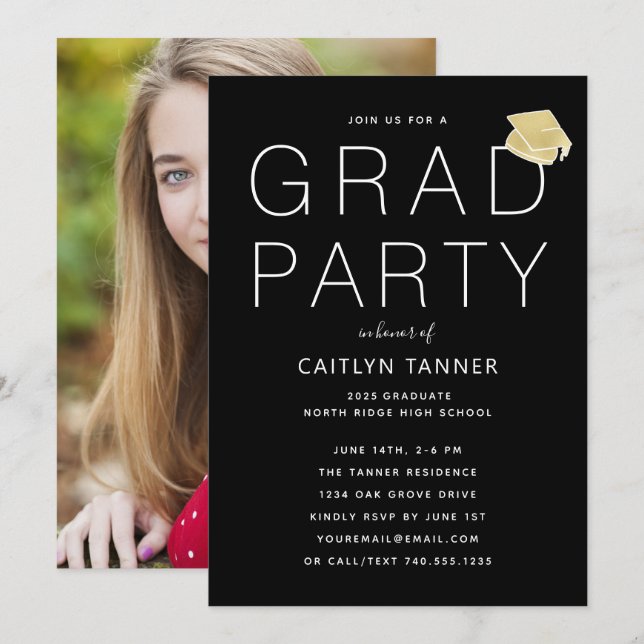 Black and White Modern Photo Graduation Party Invitation (Front/Back)