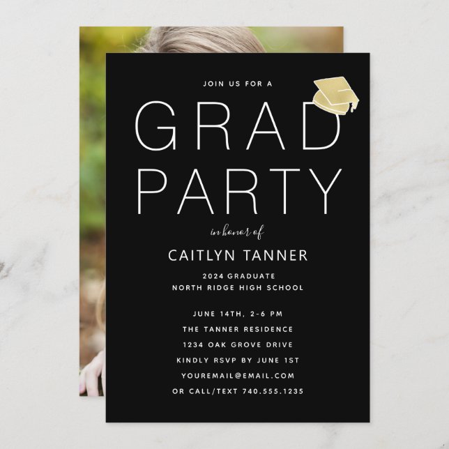 Black and White Modern Photo Graduation Party Invitation (Front/Back)