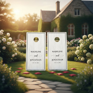 Black and White modern rustic custom name wedding Cornhole Set