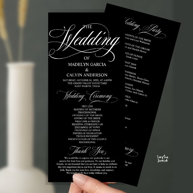Black and White Modern Script All In One Wedding Program (Modern Script All In One Wedding Program Card in Black and White)