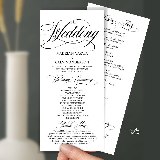 Black and White Modern Script All In One Wedding Program (Modern Script All In One Wedding Program Card in Black and White)