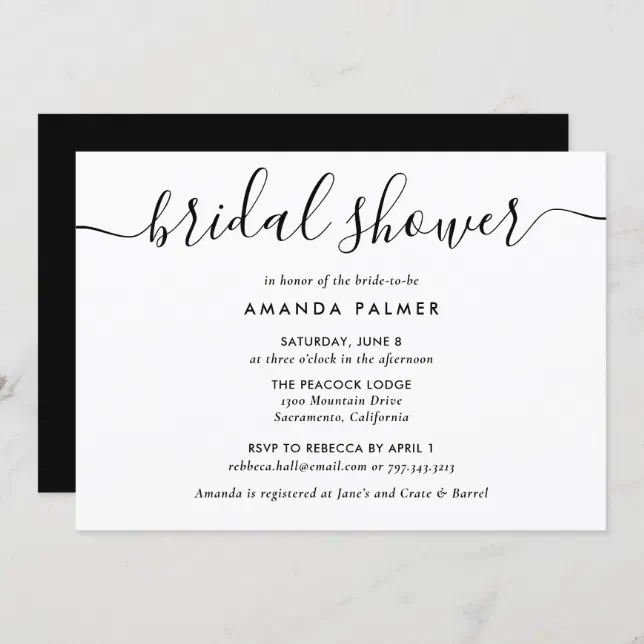 Black and White Modern Script Bridal Shower Invitation | Zazzle