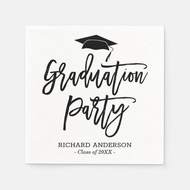Black and White Modern Script Graduation Party Napkins (Front)
