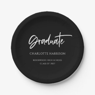 Black and White Modern Script Graduation Party Paper Plates