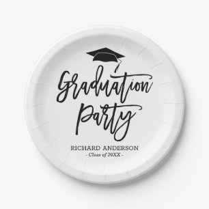Black and White Modern Script Graduation Party Paper Plates