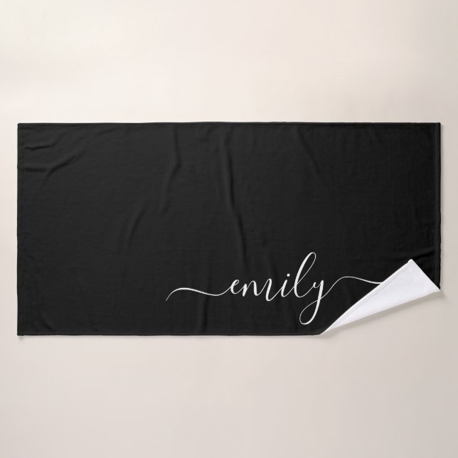 Black and White Modern Script Monogram Name Bath Towel (Bath Towel)