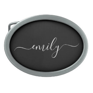 Black and White Modern Script Monogram Name Belt Buckle