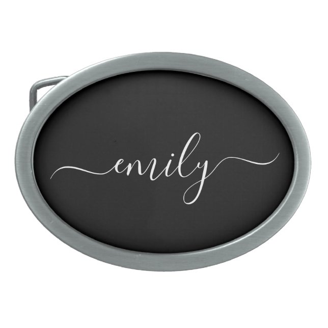 Black and White Modern Script Monogram Name Belt Buckle (Front)