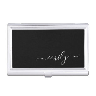 Black and White Modern Script Monogram Name Business Card Case