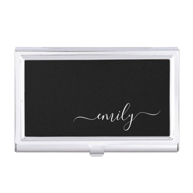 Black and White Modern Script Monogram Name Business Card Case (Front)