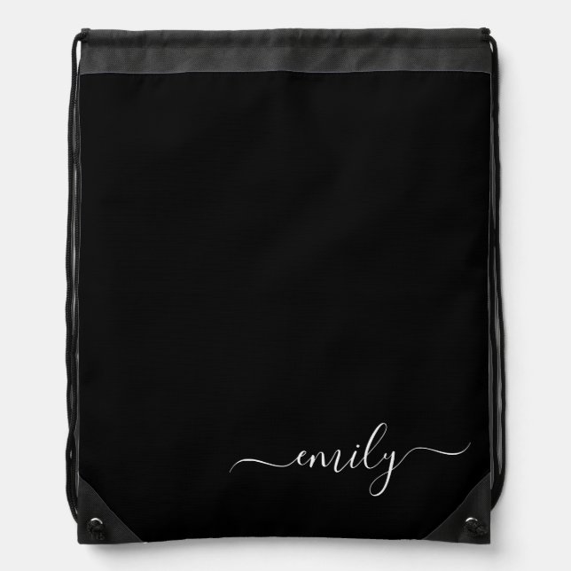 Black and White Modern Script Monogram Name Drawstring Bag (Front)
