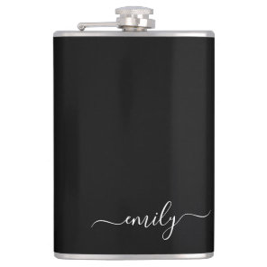 Black and White Modern Script Monogram Name Flask