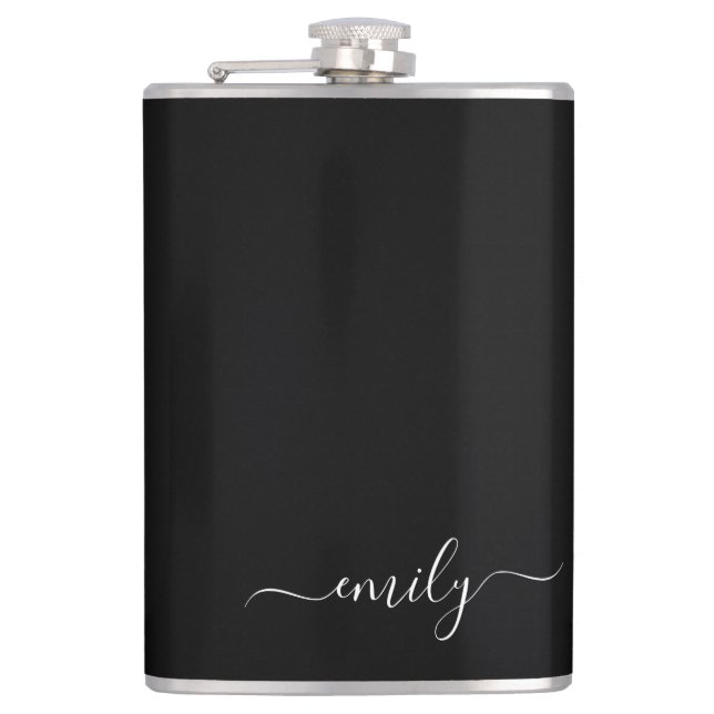 Black and White Modern Script Monogram Name Flask (Front)