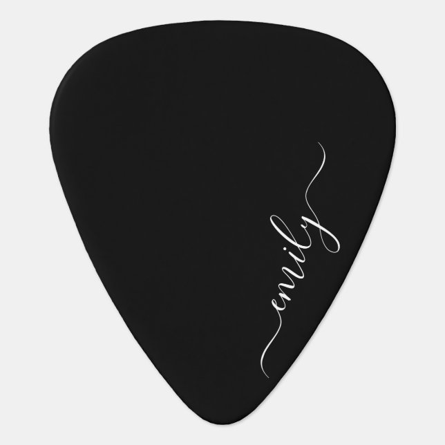 Black and White Modern Script Monogram Name Guitar Pick (Front)