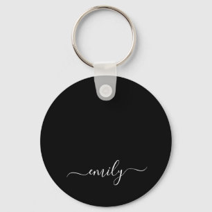 Black and White Modern Script Monogram Name Keychain