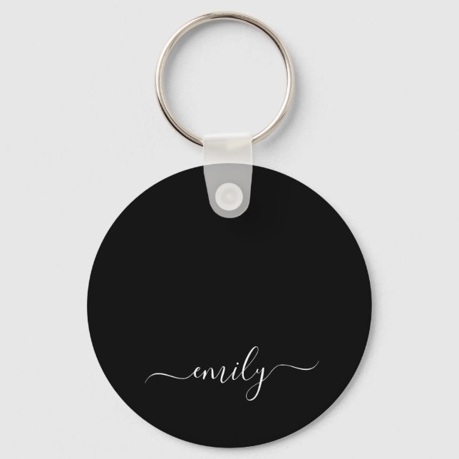 Black and White Modern Script Monogram Name Keychain (Front)
