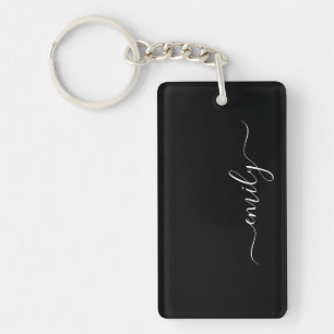 Black and White Modern Script Monogram Name Keychain