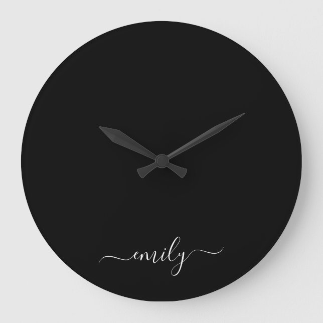 Black and White Modern Script Monogram Name Large Clock (Front)