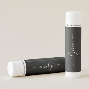 Black and White Modern Script Monogram Name Lip Balm